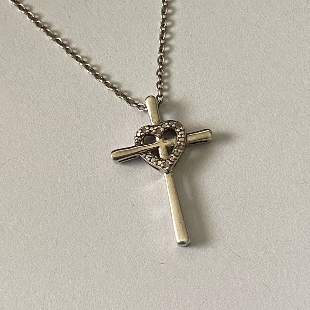 Vintage Sterling Silver Cross Heart Necklace